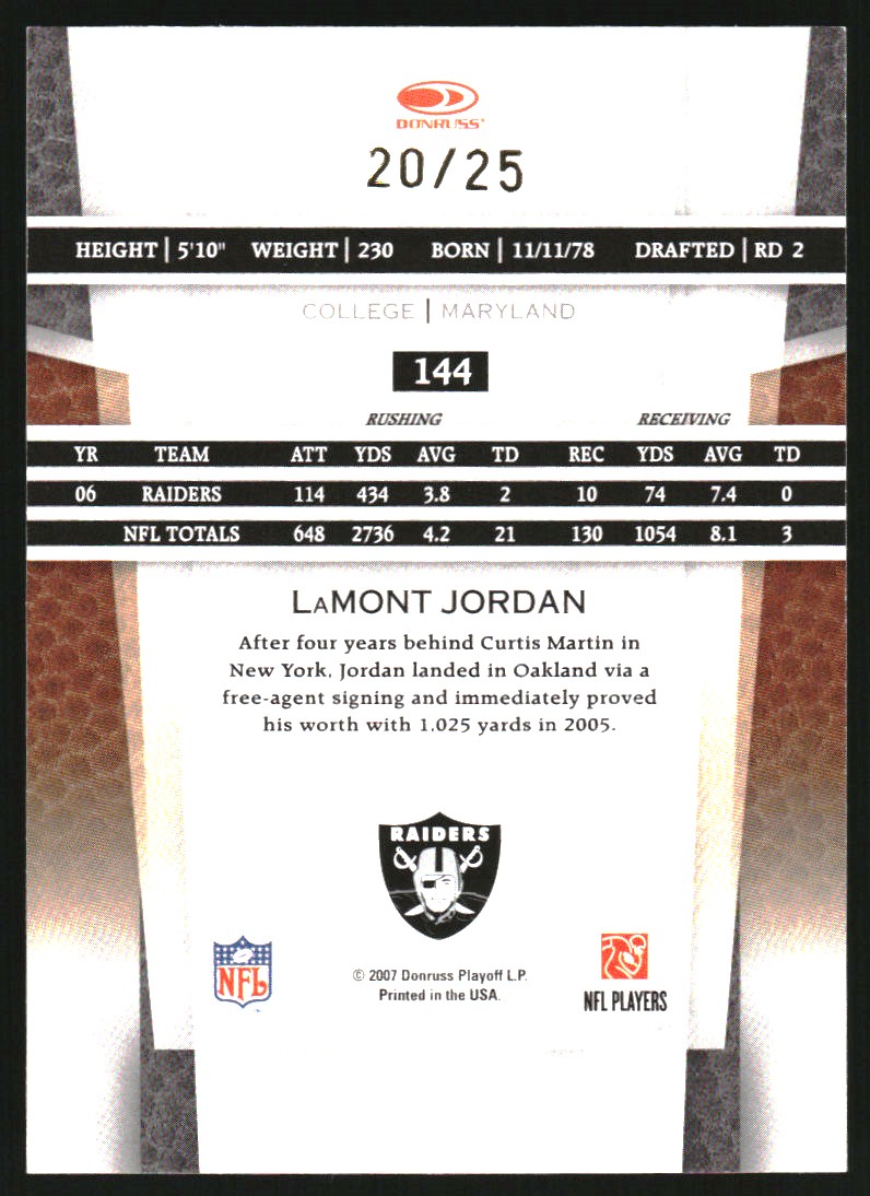 2007 Leaf Certified Materials Mirror Gold #144 LaMont Jordan
