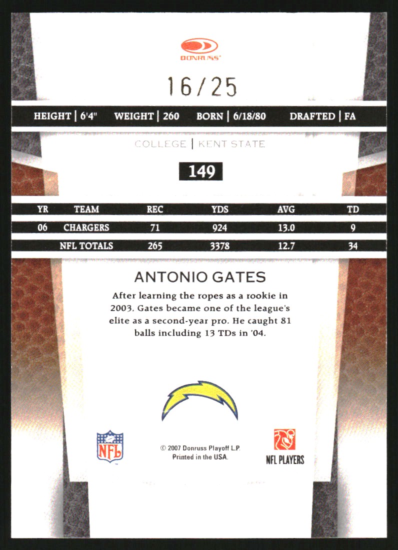 2007 Leaf Certified Materials Mirror Gold #149 Antonio Gates