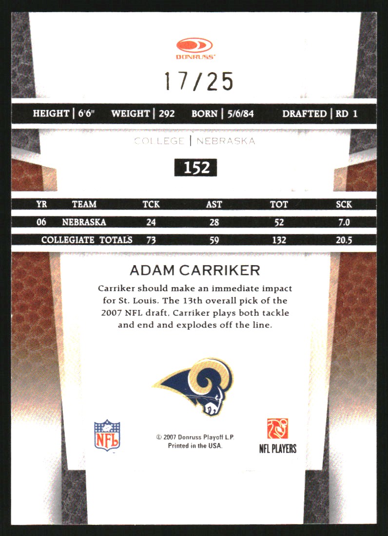 2007 Leaf Certified Materials Mirror Gold #152 Adam Carriker
