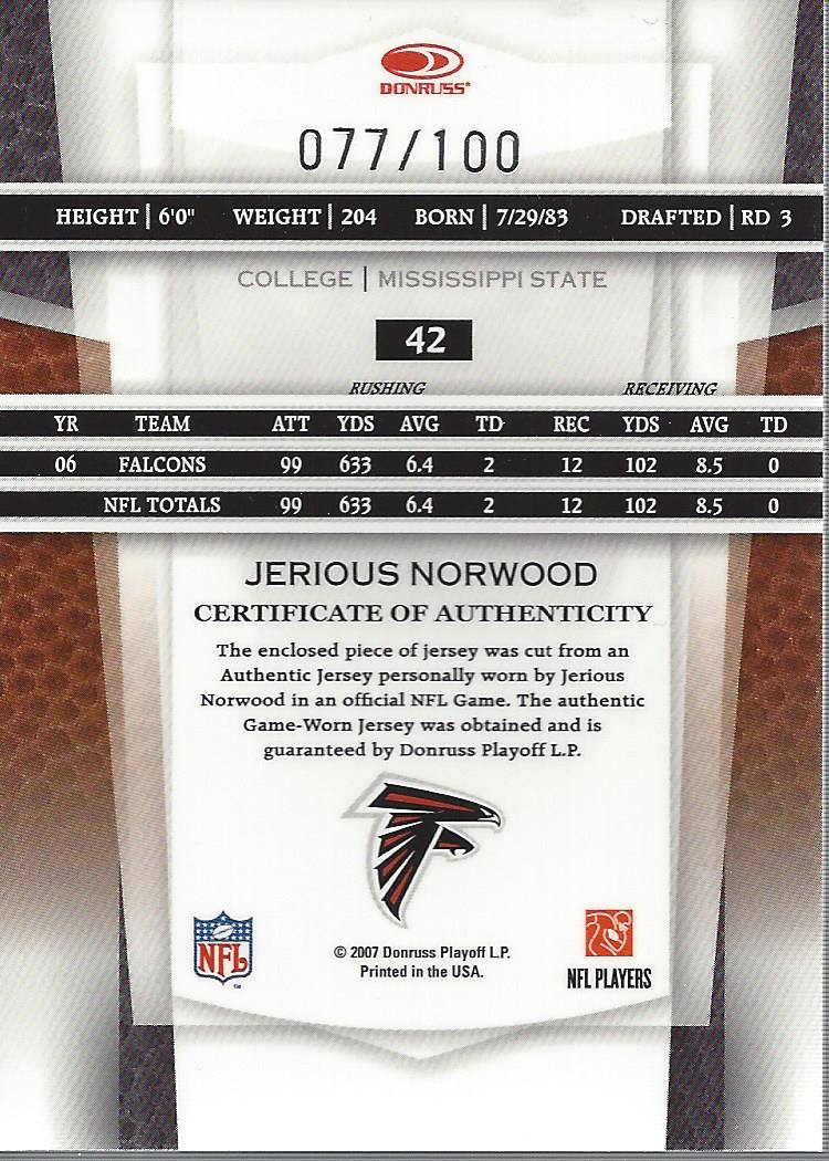 2007 Leaf Certified Materials Mirror Red Materials #42 Jerious Norwood/100 back image