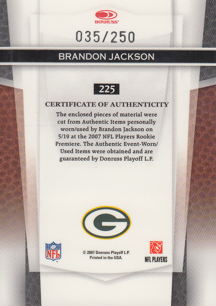 2007 Leaf Certified Materials Mirror Red Materials #225 Brandon Jackson/250 back image