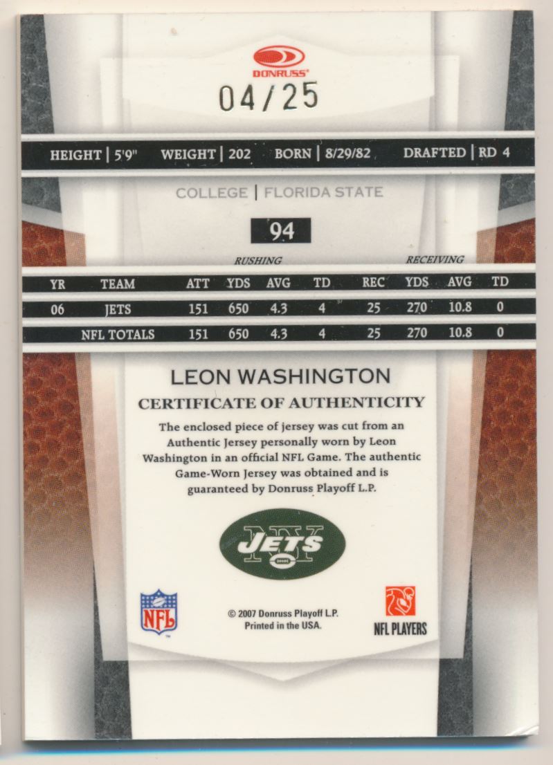 2007 Leaf Certified Materials Mirror Gold Materials #94 Leon Washington back image