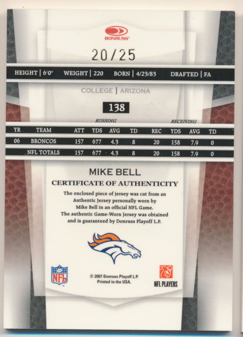 2007 Leaf Certified Materials Mirror Gold Materials #138 Mike Bell