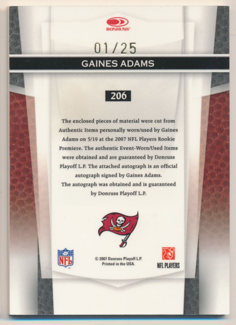 2007 Leaf Certified Materials Mirror Gold Materials #206 Gaines Adams FF AU