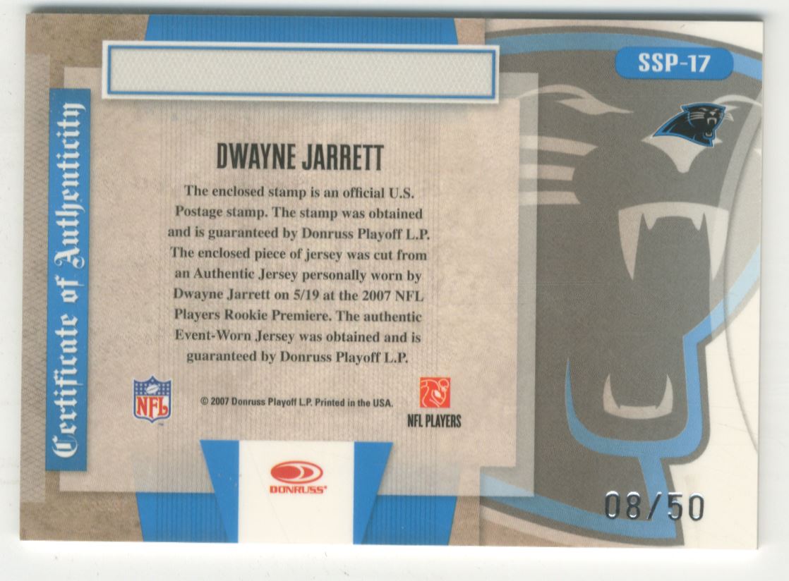 2007 Leaf Certified Materials Souvenir Stamps Material Pro Team Logos #17 Dwayne Jarrett back image