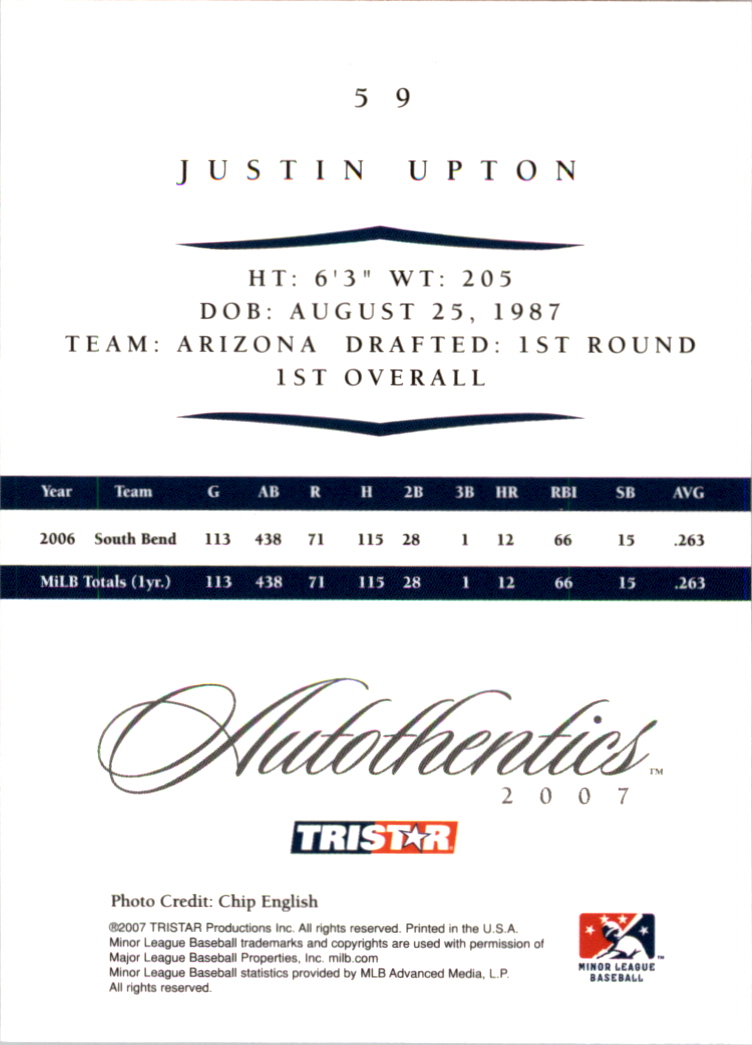 2007 TRISTAR Autothentics #59 Justin Upton back image