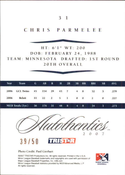 2007 TRISTAR Autothentics Bronze #31 Chris Parmelee back image