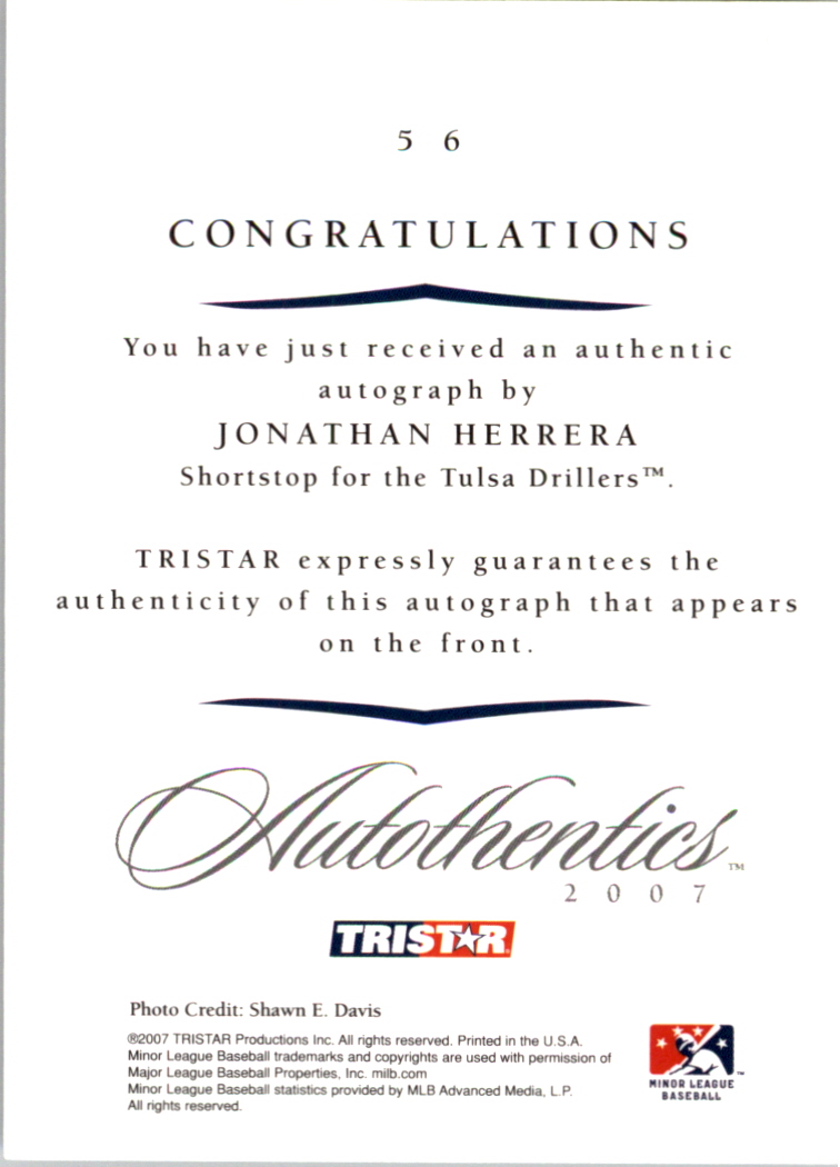 2007 TRISTAR Autothentics Autographs #56 Jonathan Herrera back image