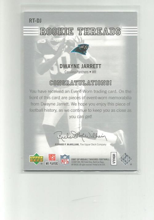 2007 SP Rookie Threads Rookie Threads Silver #RTDJ Dwayne Jarrett back image