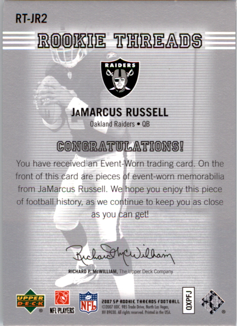 2007 SP Rookie Threads Rookie Threads Silver #RTJR JaMarcus Russell back image