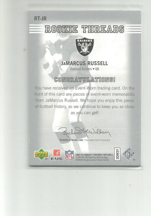 2007 SP Rookie Threads Rookie Threads Silver #RTJR JaMarcus Russell back image