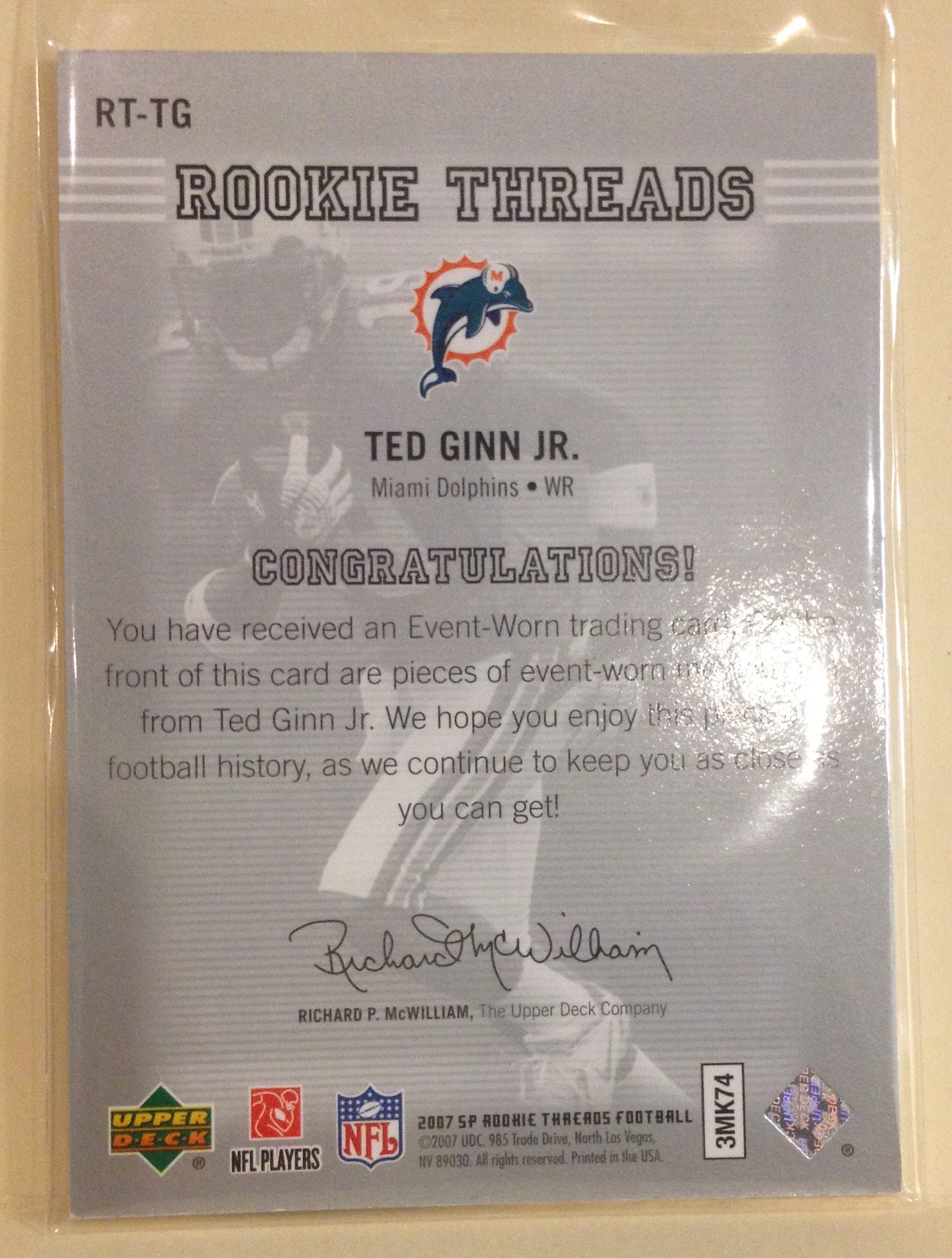 2007 SP Rookie Threads Rookie Threads Silver #RTTG Ted Ginn Jr. back image