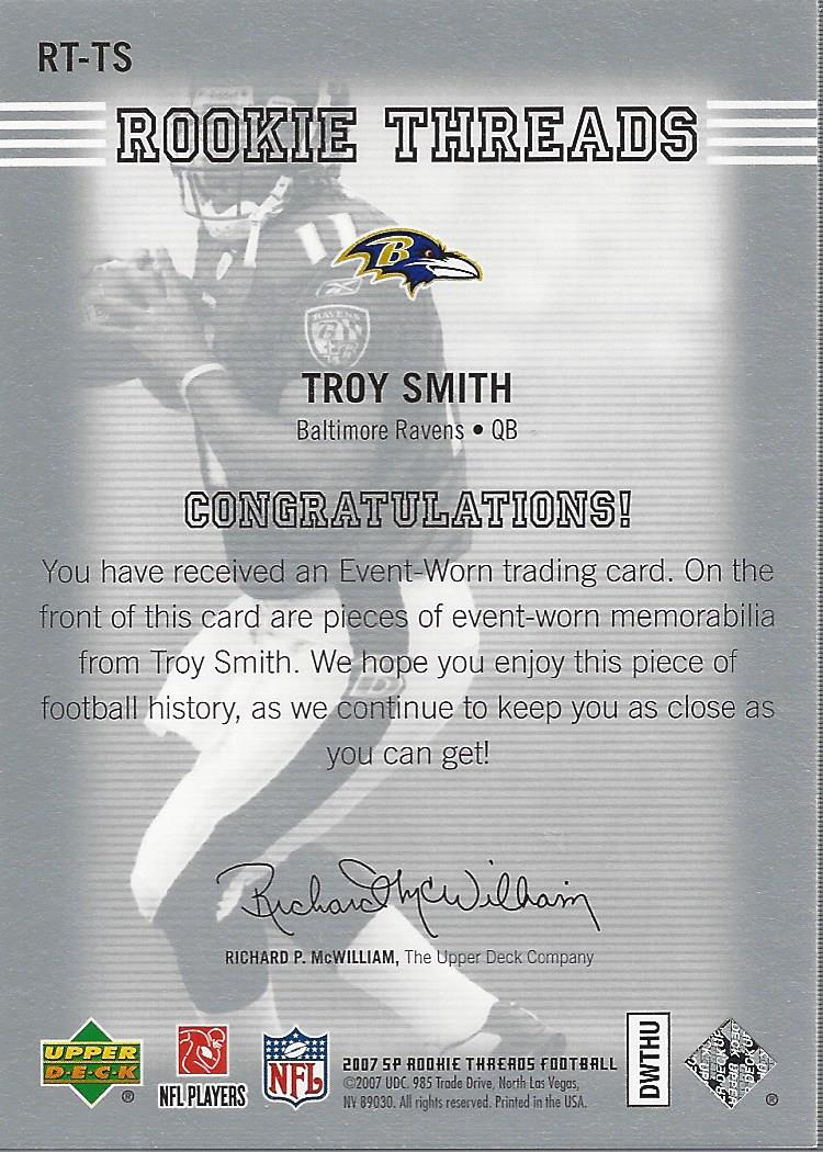 2007 SP Rookie Threads Rookie Threads Silver #RTTS Troy Smith back image