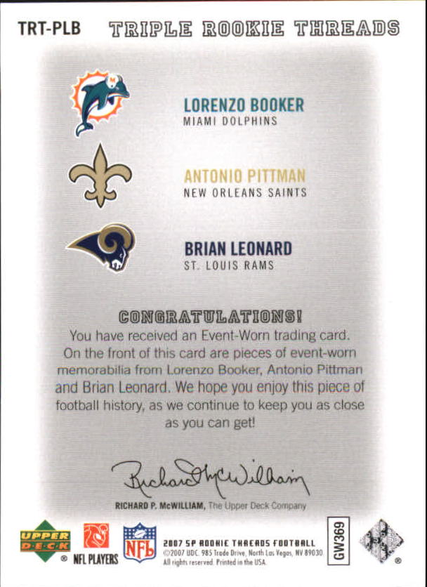 2007 SP Rookie Threads Rookie Threads Triple #PLB Pittman/Leonard/Booker
