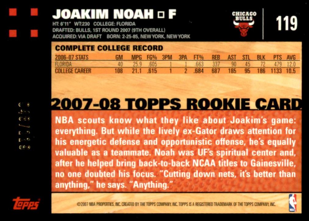 2007-08 Topps First Edition #119 Joakim Noah back image