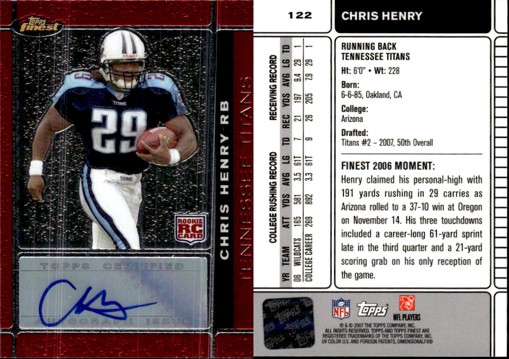 2007 Finest Rookie Autographs #122 Chris Henry RB H