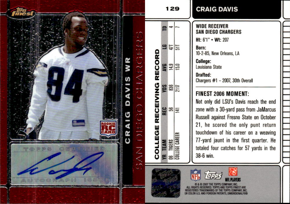 2007 Finest Rookie Autographs #129 Craig Buster Davis H
