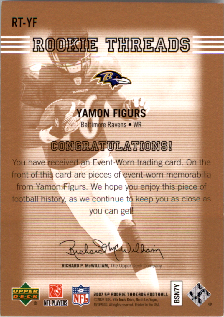 2007 SP Rookie Threads Rookie Threads Bronze #RTYF Yamon Figurs back image