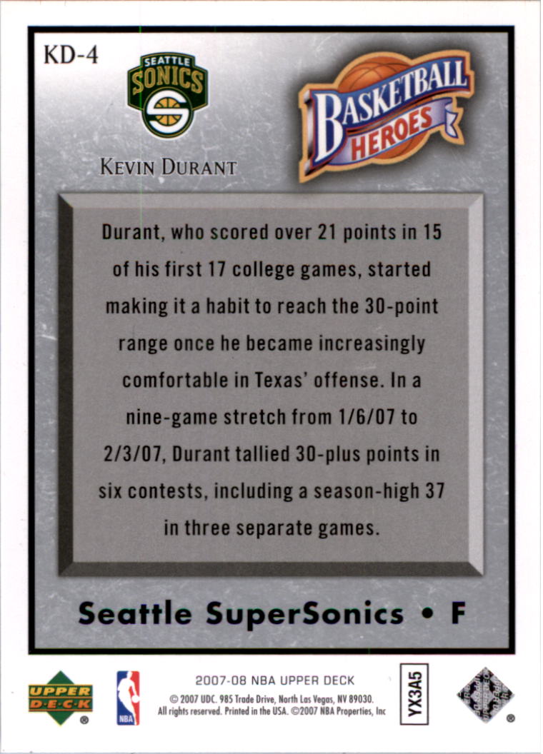 2007-08 Upper Deck NBA Heroes #KD4 Kevin Durant back image