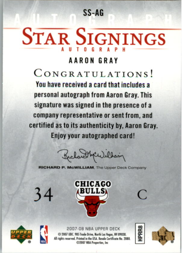 2007-08 Upper Deck Star Signings #AG Aaron Gray back image