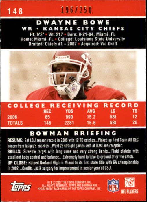 2007 Bowman Orange #148 Dwayne Bowe back image