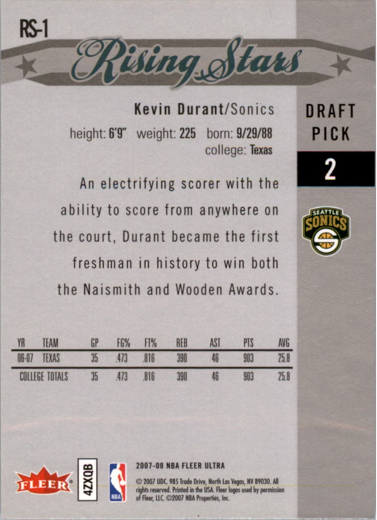 2007-08 Ultra SE Rising Stars #RS1 Kevin Durant back image