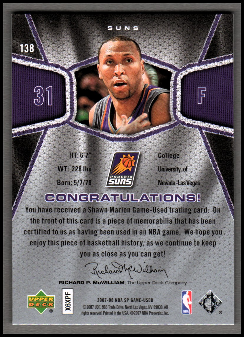 2007-08 SP Game Used #138 Shawn Marion JSY back image