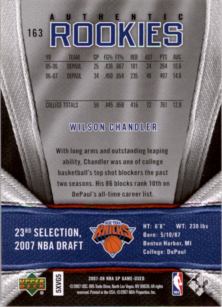 2007-08 SP Game Used #163 Wilson Chandler RC back image