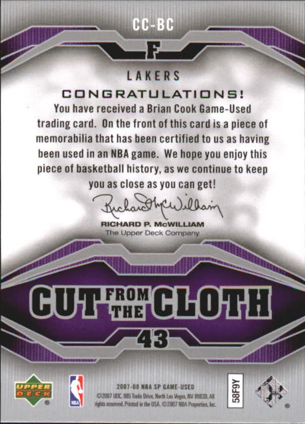 2007-08 SP Game Used Cut from the Cloth #CCBC Brian Cook back image
