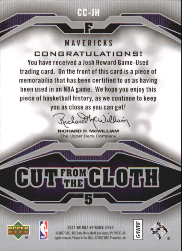 2007-08 SP Game Used Cut from the Cloth #CCJH Josh Howard back image