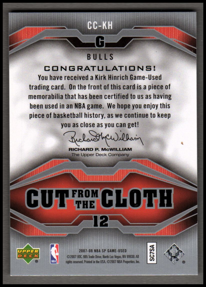 2007-08 SP Game Used Cut from the Cloth #CCKH Kirk Hinrich back image