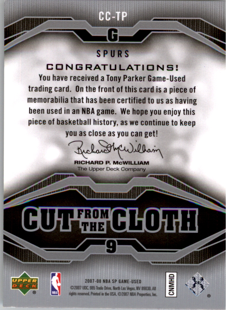 2007-08 SP Game Used Cut from the Cloth #CCTP Tony Parker back image