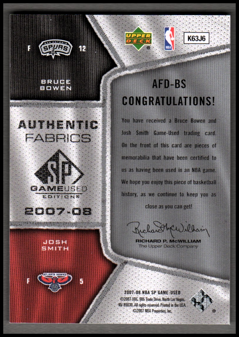 2007-08 SP Game Used Authentic Fabrics Dual #BS Bruce Bowen/Josh Smith back image