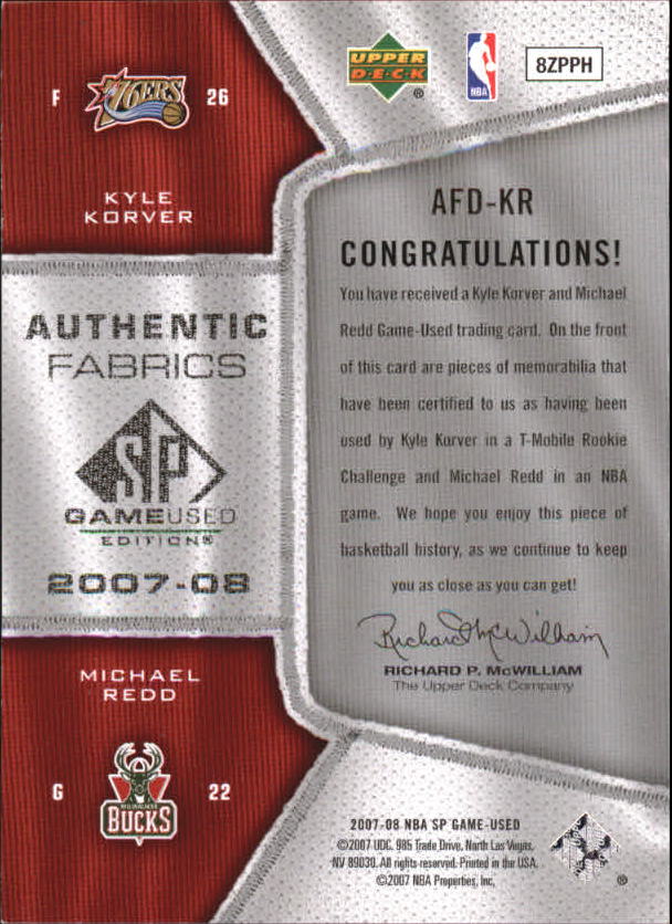 2007-08 SP Game Used Authentic Fabrics Dual #KR Kyle Korver/Michael Redd back image