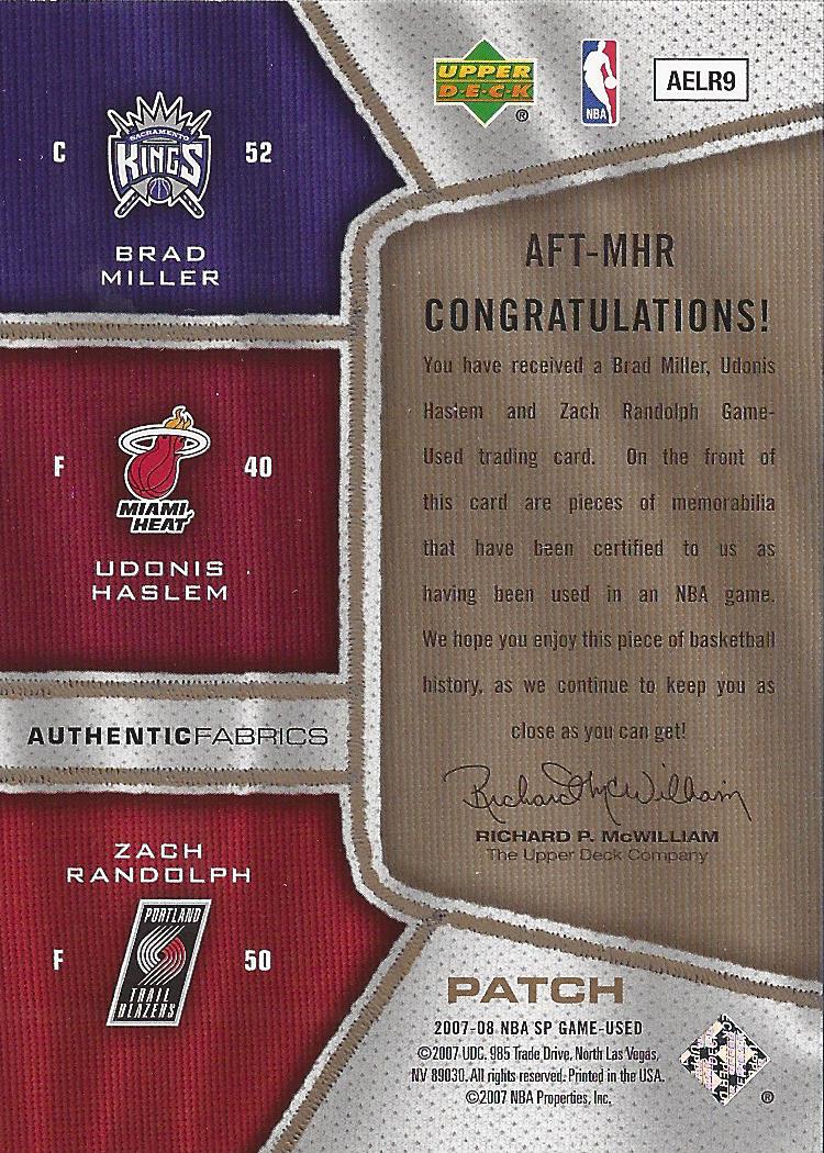 2007-08 SP Game Used Authentic Fabrics Triple Patch #MHR Brad Miller/Udonis Haslem/Zach Randolph back image