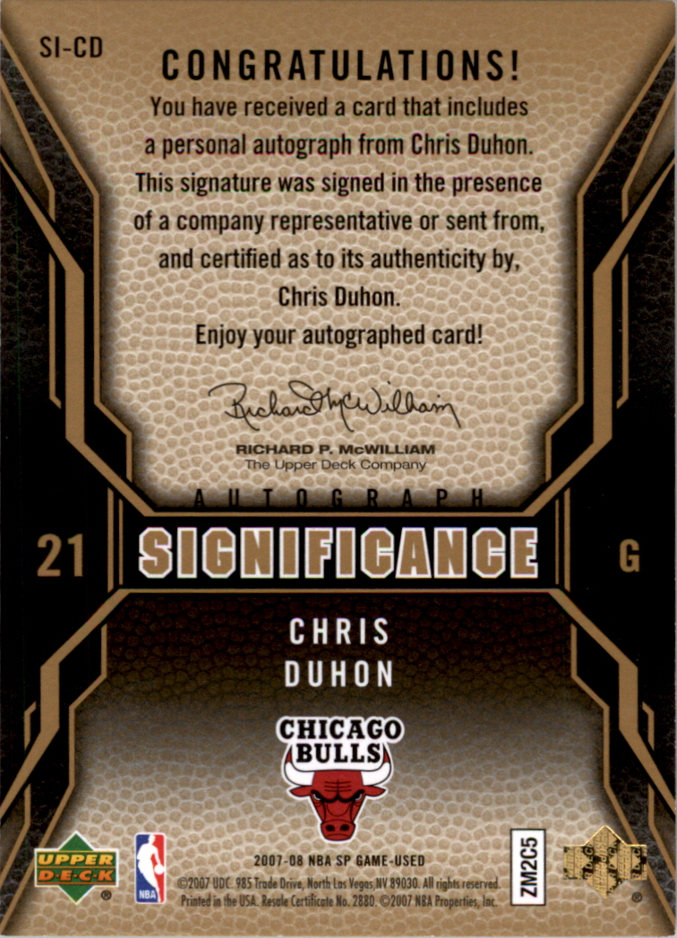 2007-08 SP Game Used SIGnificance #SICD Chris Duhon back image