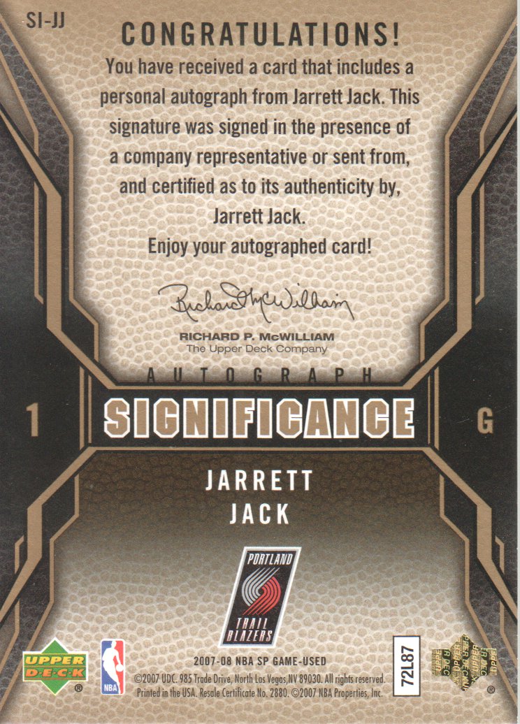 2007-08 SP Game Used SIGnificance #SIJJ Jarrett Jack back image