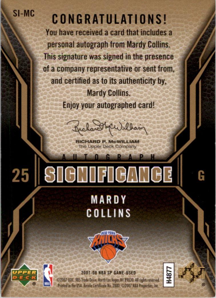 2007-08 SP Game Used SIGnificance #SIMC Mardy Collins back image