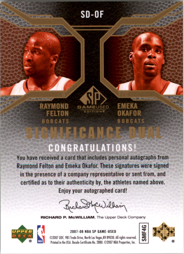 2007-08 SP Game Used SIGnificance Dual #SDOF Raymond Felton/Emeka Okafor back image