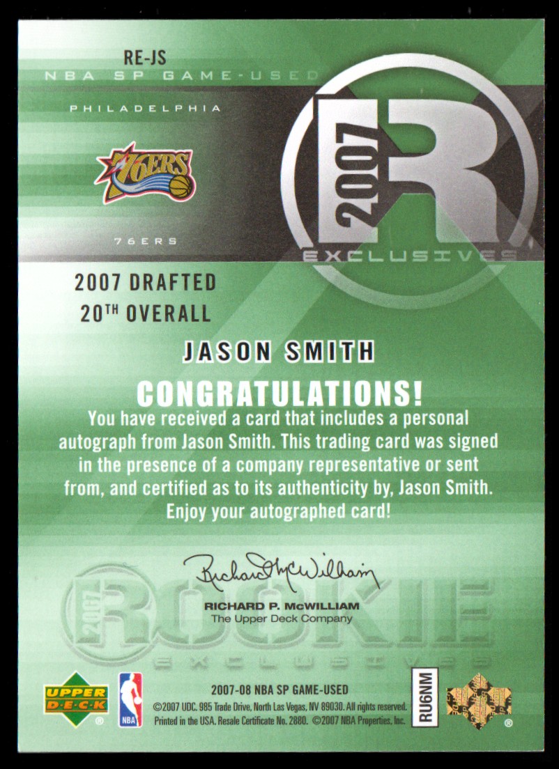 2007-08 SP Game Used Rookie Exclusives Autographs #REJS Jason Smith back image