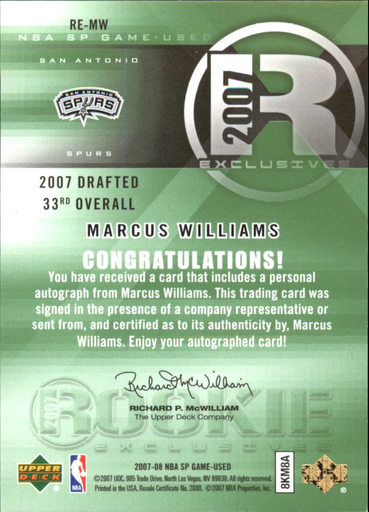 2007-08 SP Game Used Rookie Exclusives Autographs #REMW Marcus Williams back image