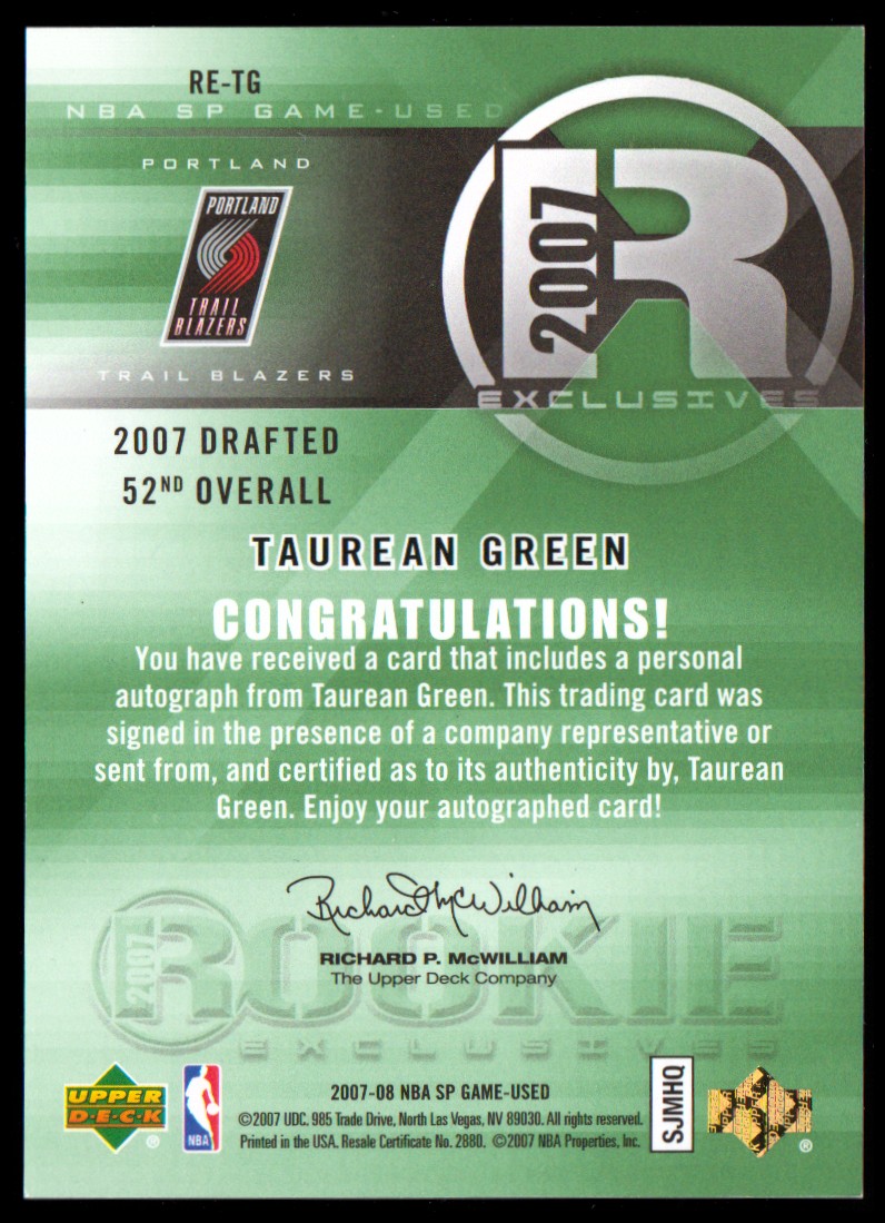 2007-08 SP Game Used Rookie Exclusives Autographs #RETG Taurean Green back image