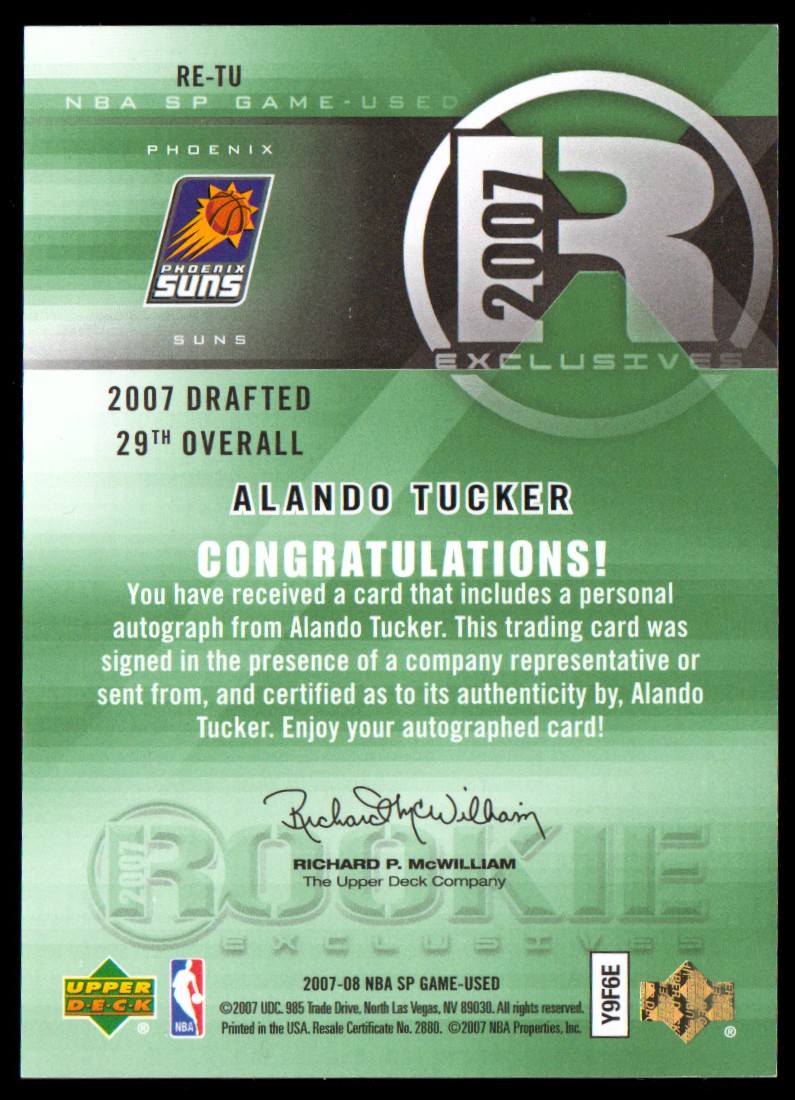 2007-08 SP Game Used Rookie Exclusives Autographs #RETU Alando Tucker back image