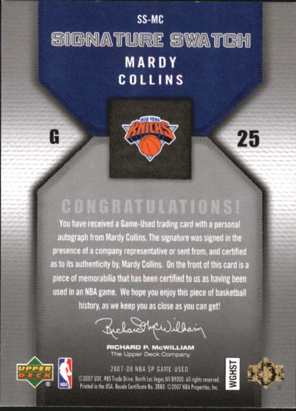 2007-08 SP Game Used Signature Swatch #SSMC Mardy Collins back image