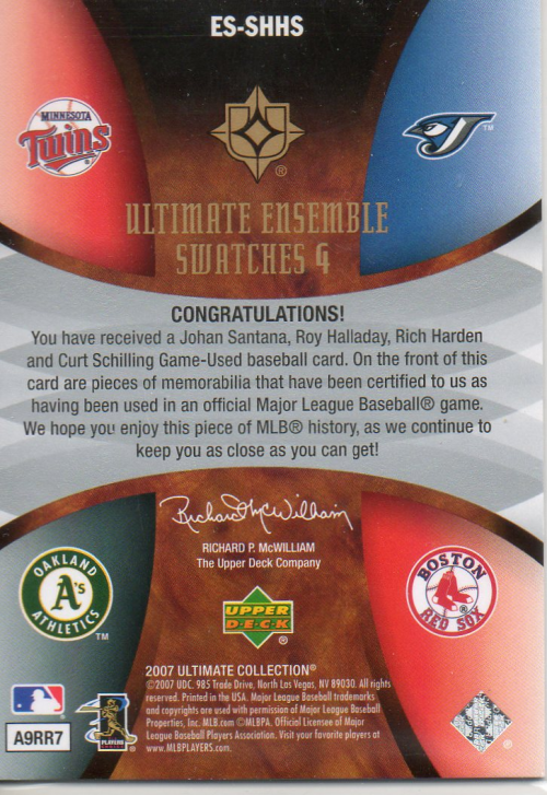 2007 Ultimate Collection Ultimate Ensemble Quad Swatches #SHHS Johan Santana/Roy Halladay/Rich Harden/Curt Schilling/25 back image