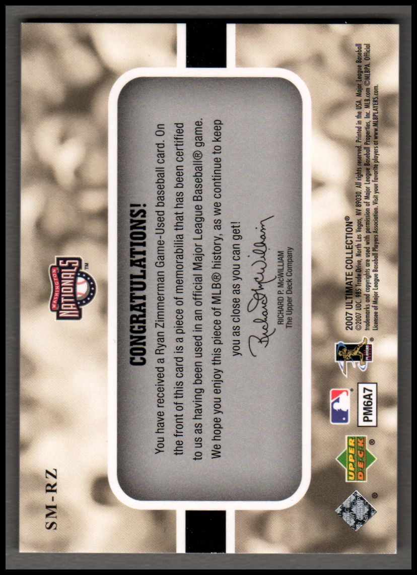 2007 Ultimate Collection Ultimate Star Materials #RZ Ryan Zimmerman back image