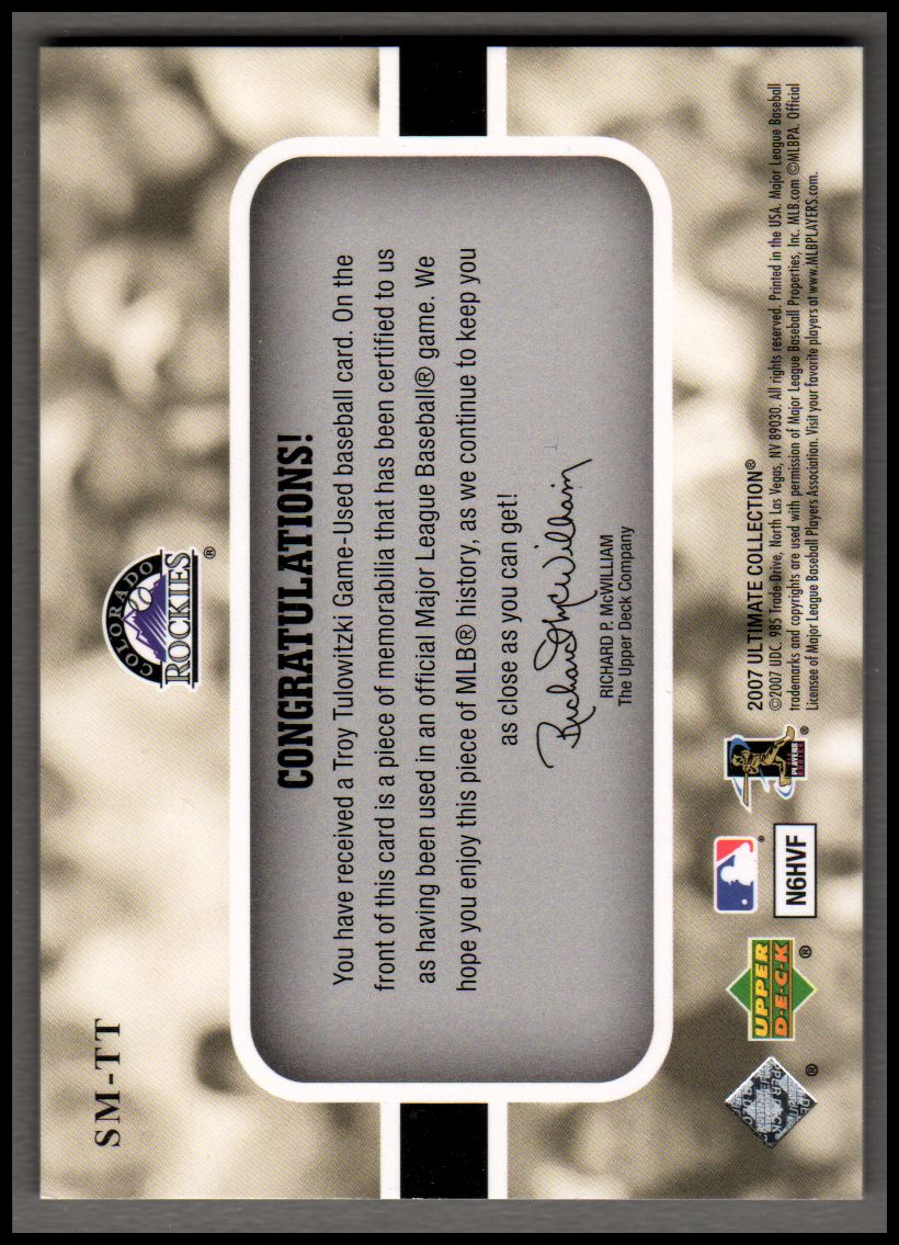 2007 Ultimate Collection Ultimate Star Materials #TT Troy Tulowitzki back image