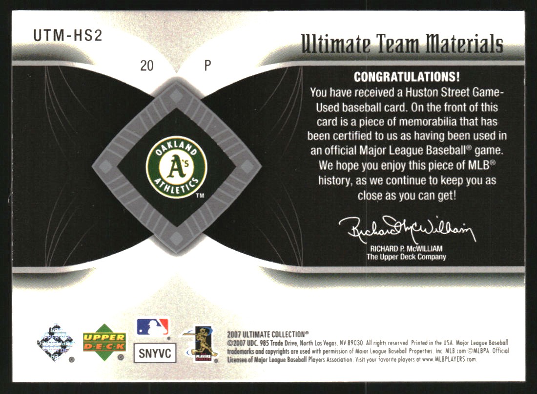2007 Ultimate Collection Ultimate Team Materials #HS2 Huston Street/50 back image