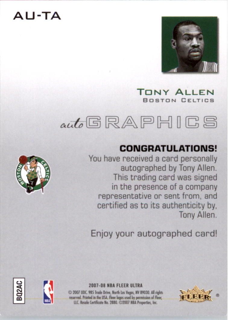 2007-08 Ultra SE Autographics Black #AUTA Tony Allen back image