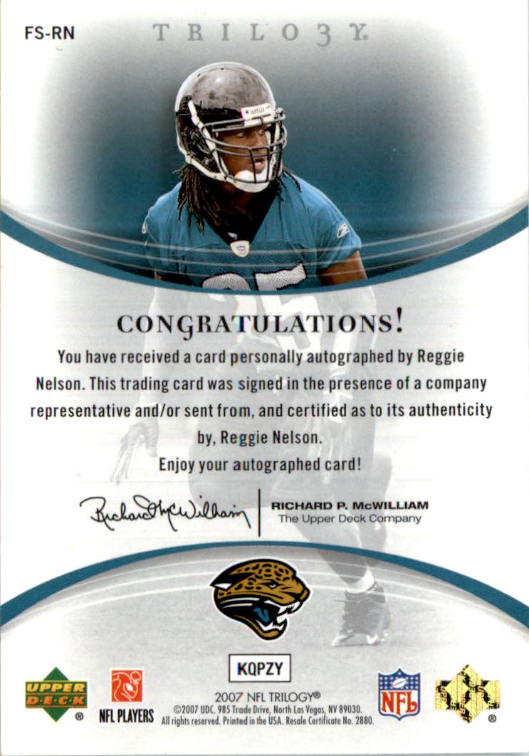 2007 Upper Deck Trilogy Signature Future Autographs #RN Reggie Nelson/90 back image